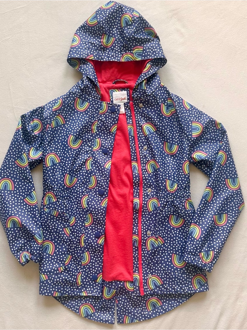 Cat & Jack Navy Rainbow Polka-Dot Hooded Raincoat with Red Lining